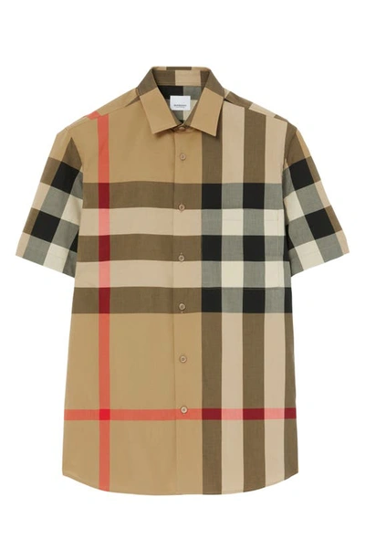 Shop Burberry Summerton Archive Short Sleeve Check Cotton Poplin Button-up Shirt In Archive Beige Ip Chk