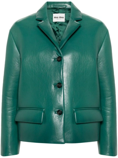 Shop Miu Miu Single-breasted Nappa Leather Jacket In Assenzio