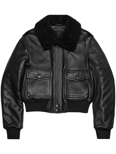 Shop Ami Alexandre Mattiussi Ami Paris Shearling-collar Leather Jacket In Wool Tricontine Black