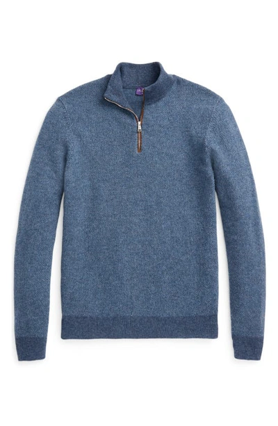 Shop Ralph Lauren Purple Label Bird's Eye Cashmere Quarter Zip Sweater In Supply Blue Multi
