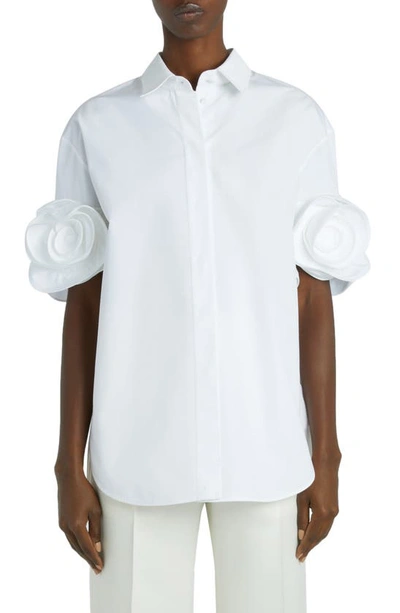 Shop Valentino Rose Detail Sleeve Cotton Button-up Shirt In Bianco Ottico