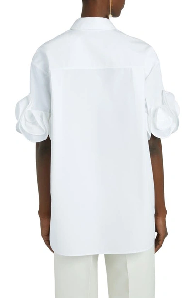 Shop Valentino Rose Detail Sleeve Cotton Button-up Shirt In Bianco Ottico