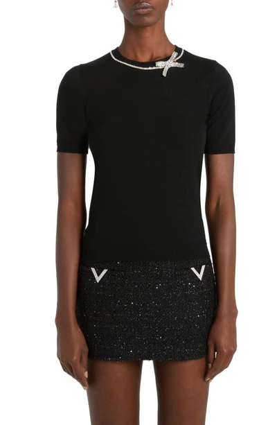 Shop Valentino Crystal Bow Short Sleeve Virgin Wool Crewneck Sweater In Nero/ Silver