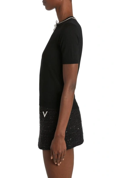 Shop Valentino Crystal Bow Short Sleeve Virgin Wool Crewneck Sweater In Nero/ Silver