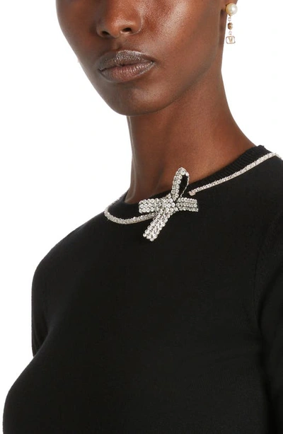 Shop Valentino Crystal Bow Short Sleeve Virgin Wool Crewneck Sweater In Nero/ Silver