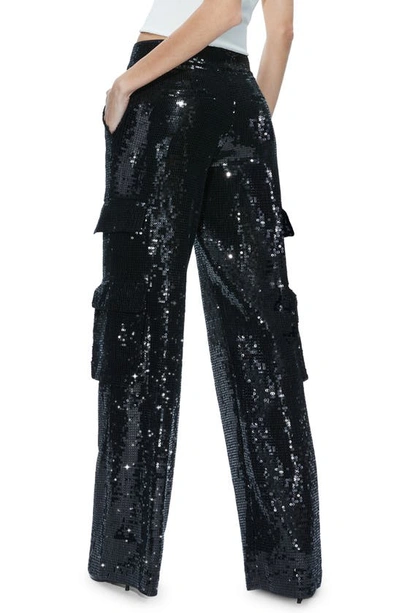 Shop Alice And Olivia Hayes Sequin Wide Leg Cargo Pants In Black
