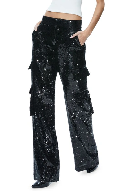 Shop Alice And Olivia Hayes Sequin Wide Leg Cargo Pants In Black