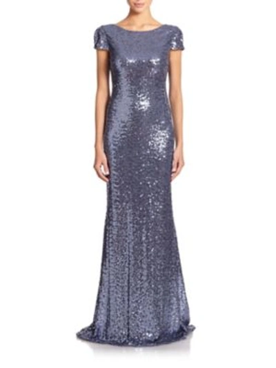 Badgley Mischka Sequined Cowl-back Gown In Navy