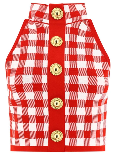 Shop Balmain Fine Gingham Knit Sleeveless Top In Red