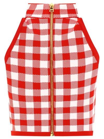 Shop Balmain Fine Gingham Knit Sleeveless Top In Red