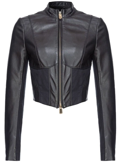 Shop Pinko Short Leather Jacket In Black