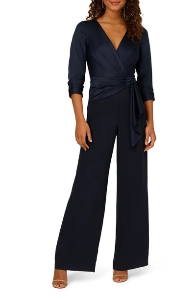 Shop Adrianna Papell Belted Wide Leg Satin Crepe Jumpsuit In Dark Navy