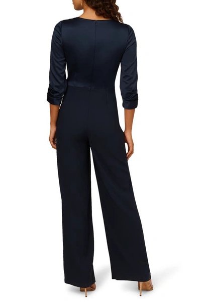 Shop Adrianna Papell Belted Wide Leg Satin Crepe Jumpsuit In Dark Navy