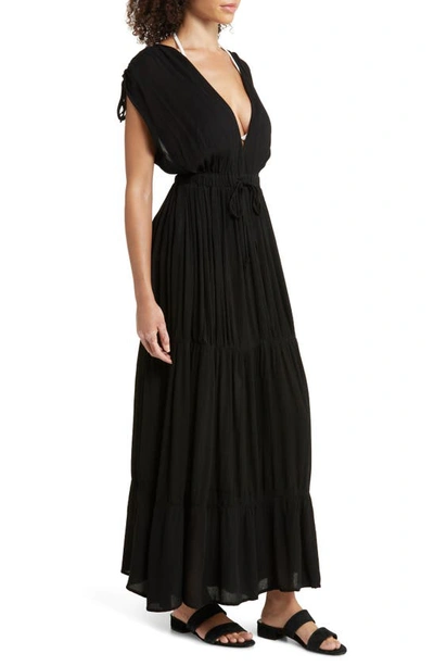 Shop Elan Ruched Tiered Cover-up Maxi Dress In Black