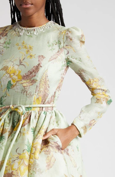Shop Zimmermann Matchmaker Tulip Long Sleeve Linen & Silk Minidress In Mint Tropical Floral