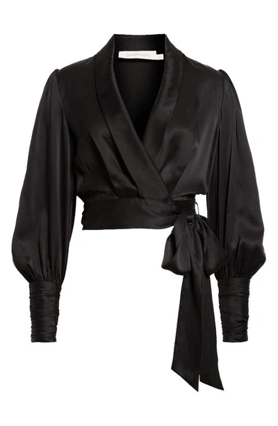 Shop Zimmermann Long Sleeve Silk Wrap Top In Black