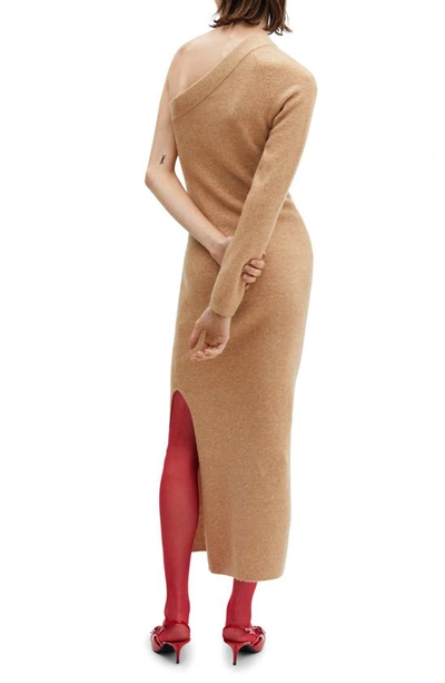 Mango One Shoulder Single Long Sleeve Sweater Dress In Medium Brown
