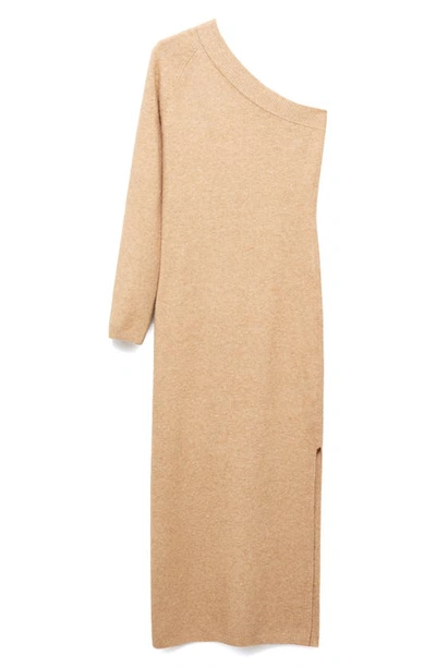 Mango One Shoulder Single Long Sleeve Sweater Dress In Medium Brown