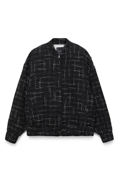 Mango Tweed Bomber Jacket In Black