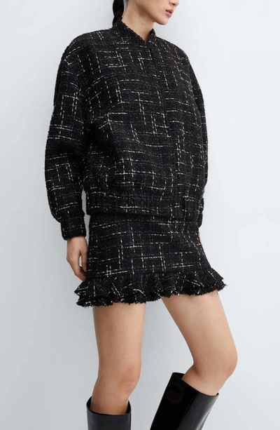 Mango Tweed Bomber Jacket In Black