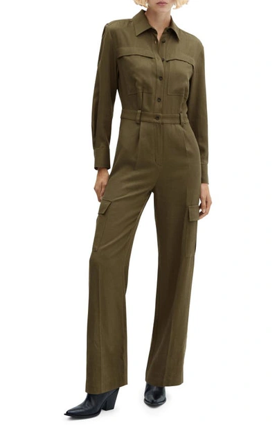 Shop Mango Long Sleeve Utility Jumpsuit In Khaki