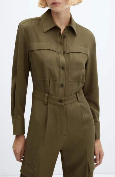 Mango Long Sleeve Utility Jumpsuit In Khaki