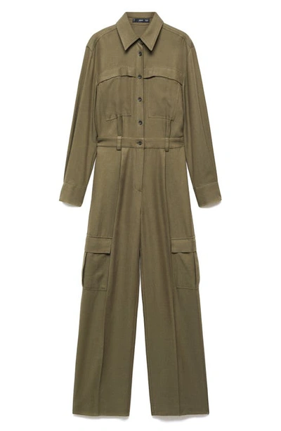 Mango Long Sleeve Utility Jumpsuit In Khaki