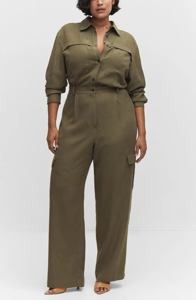 Mango Long Sleeve Utility Jumpsuit In Khaki