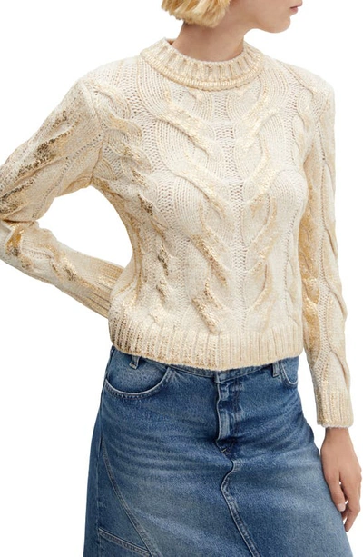 Shop Mango Metallic Foil Cable Sweater In Gold
