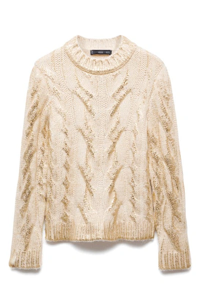 Mango Metallic Foil Cable Sweater In Gold