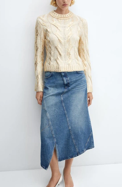 Mango Metallic Foil Cable Sweater In Gold