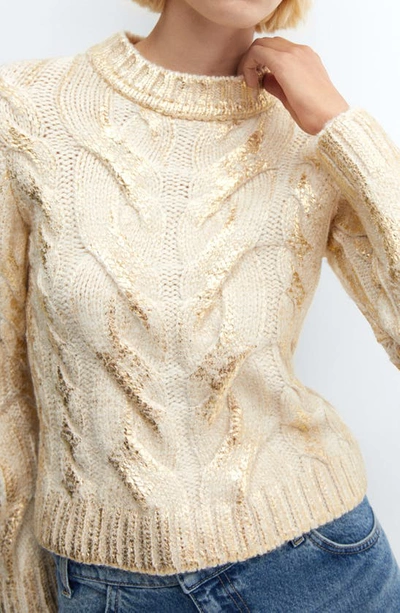 Mango Metallic Foil Cable Sweater In Gold