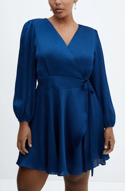 Shop Mango Long Sleeve Wrap Dress In Medium Blue