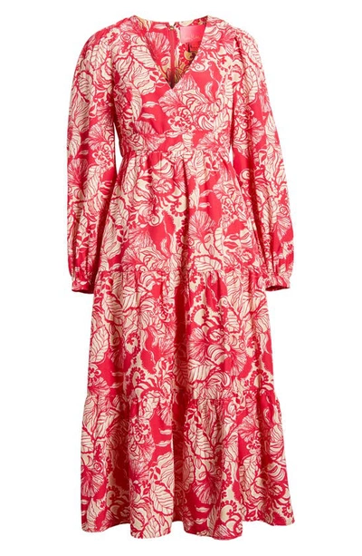 Shop Lilly Pulitzer Tinslee Long Sleeve Tiered Midi Dress In Poinsettia Red Island Vibes
