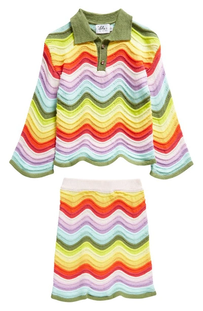 Shop Lola & The Boys Kids' Rainbow Bright Knit Polo & Skirt Set In Blue Multi