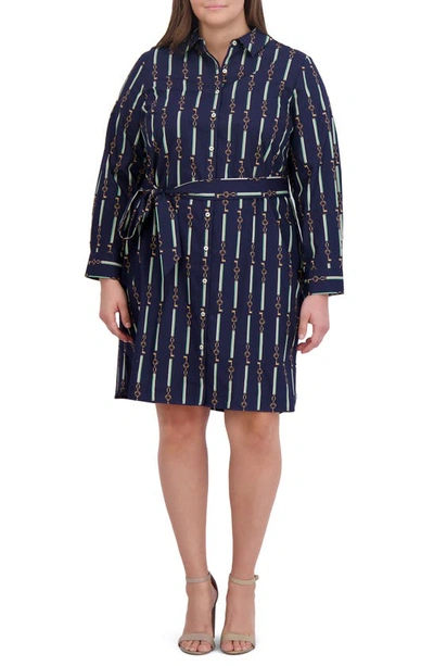 Shop Foxcroft Rocca Keychain Status Stripe Print Long Sleeve Cotton Shirtdress In Navy Multi