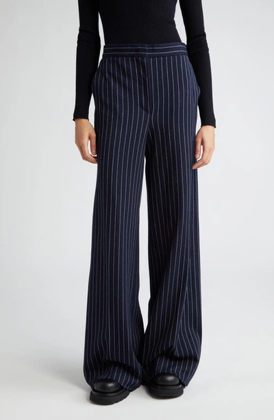 Shop Max Mara Benito Relaxed Fit Pinstripe Cotton, Cashmere & Silk Wide Leg Pants In Ultramarine