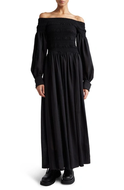 Shop Max Mara Manu Off The Shoulder Long Sleeve Virgin Wool Maxi Dress In Black