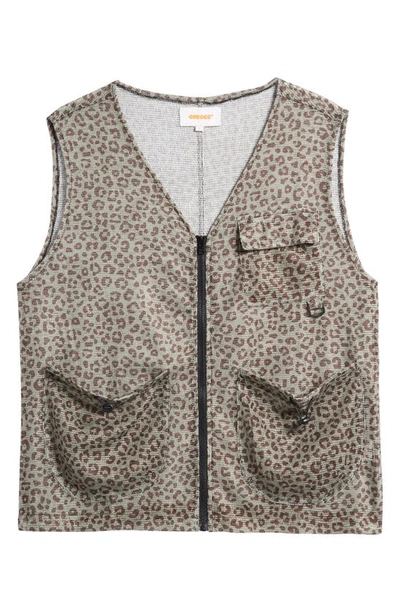 Shop Checks Leopard Print Mesh Zip-up Vest In Olive