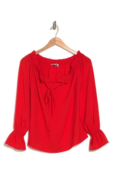 Shop Patrizia Luca Off The Shoulder Long Sleeve Top In Red