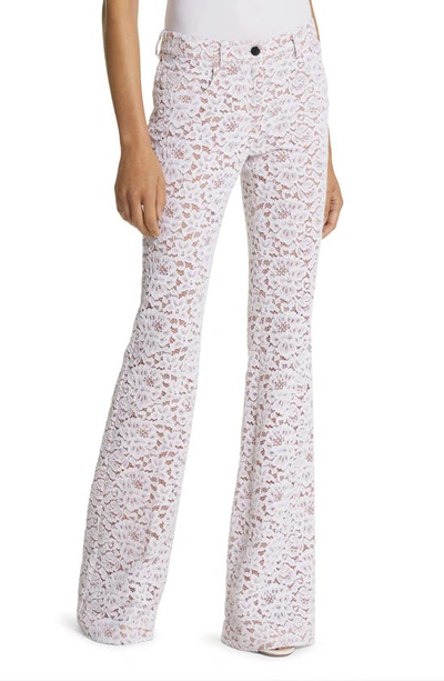 Shop Michael Kors Floral Lace 5-pocket Flare Leg Pants In Optic White