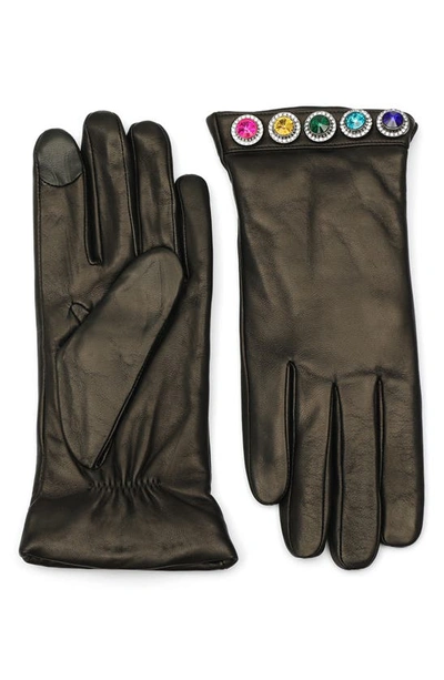 Shop Kurt Geiger Rainbow Crystal Leather Gloves In Black