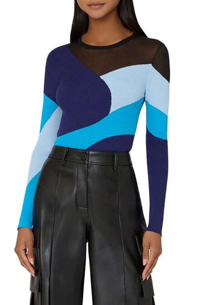 Shop Milly Sheer Panel Colorblock Rib Sweater In Blue Multi