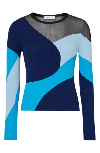 Shop Milly Sheer Panel Colorblock Rib Sweater In Blue Multi