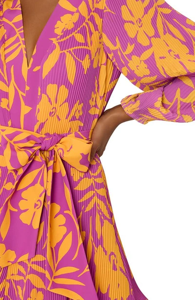 Shop Milly Liv Marigold Print Long Sleeve Tie Waist Dress In Pink Multi