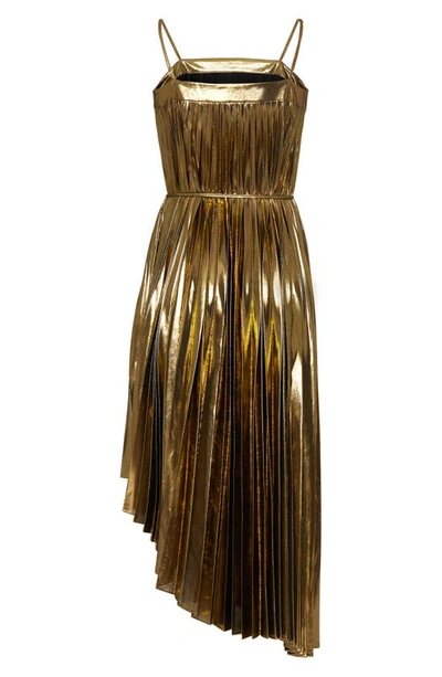 Shop Milly Irene Pleated Asymmetric Hem Midi Dress In Gold