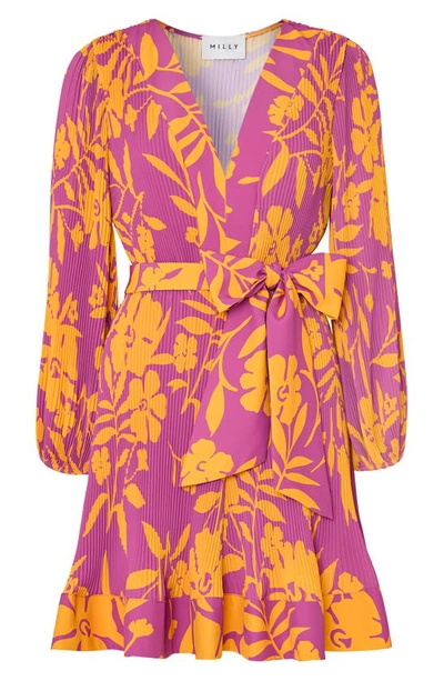Shop Milly Liv Marigold Print Long Sleeve Tie Waist Dress In Pink Multi