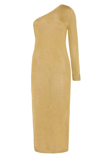 Shop Milly Senna Metallic Knit One-shoulder Midi Dress In Gold
