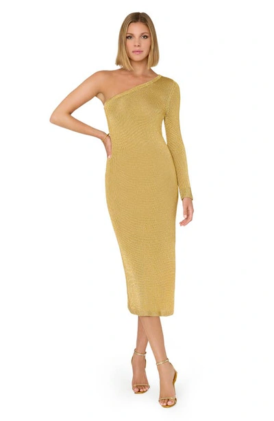 Shop Milly Senna Metallic Knit One-shoulder Midi Dress In Gold