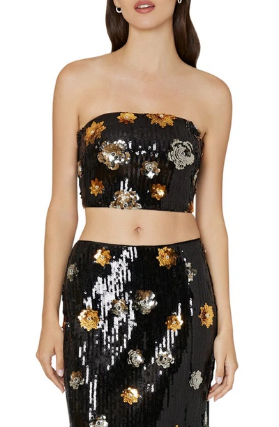 Shop Milly 3d Floral Sequin Strapless Top In Black Multi